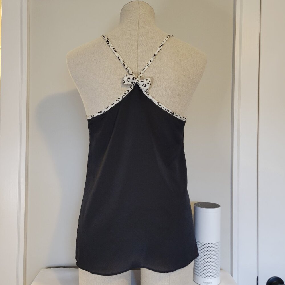 Nine Bird Black Dressy Tank with animal print trim and bow detail - Size Small